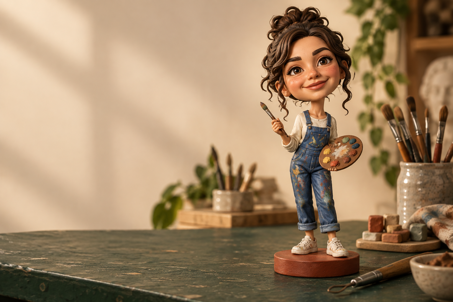 Custom bobblehead on an artist's workbench