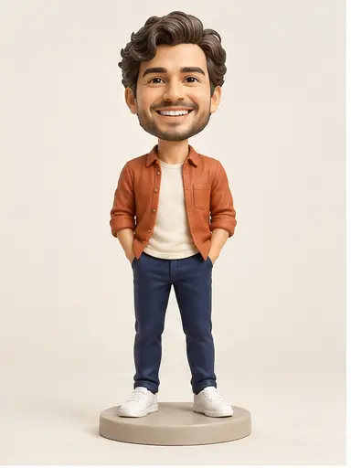 Full custom bobblehead shown from its base to the top of its head